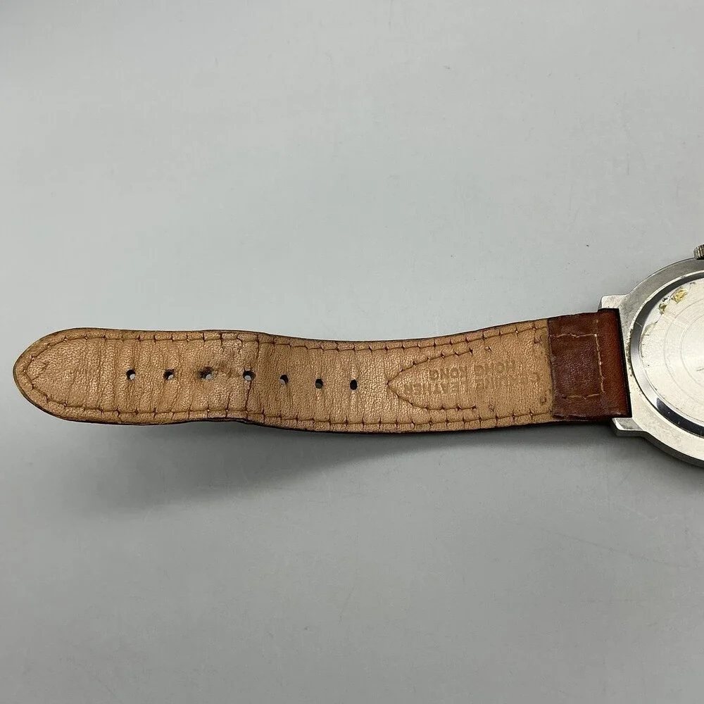 Vintage Helbros Mens Watch 37mm Leather Two Tone Bezel Date New Battery